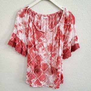 Maurices Pink White Tie Die Boho Lace Shirt